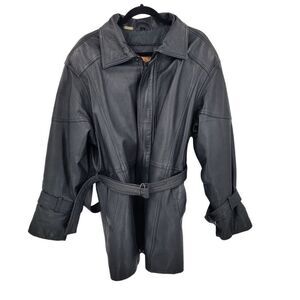 Vintage 80s Leather Flight Jacket M Black Long Belted Hidden Zip Biker Moto